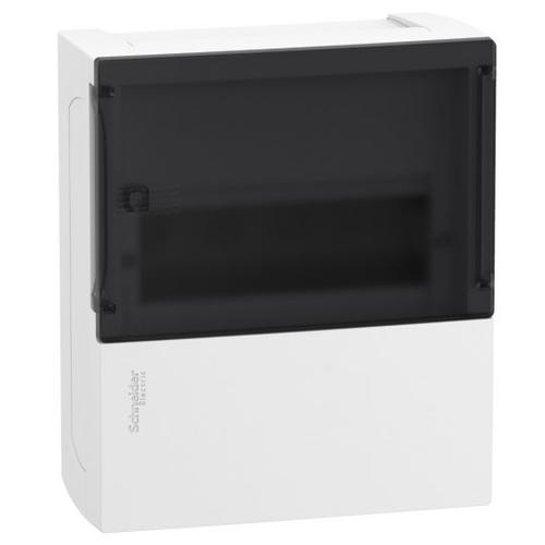 SCHNEIDER ELECTRIC MIP12108S - mini pragma műanyag kiselosztó,, 8 modul, 1 sor, IP40, füstszínű átlásztó ajtóval,falon kívüli